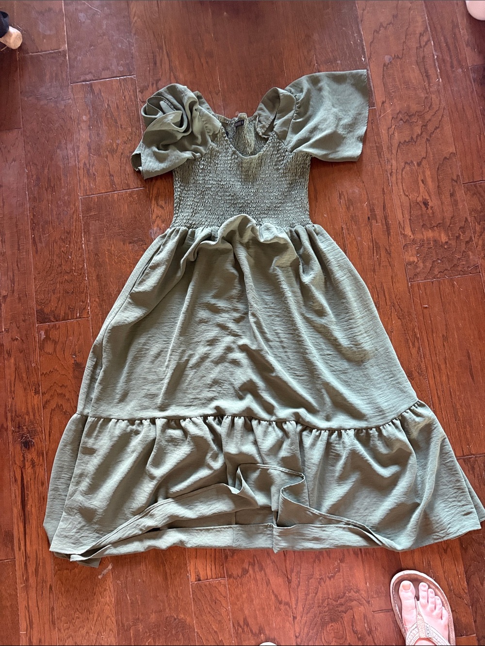 Mikarose Olive Green Smocked Puff Sleeve Midi Dress